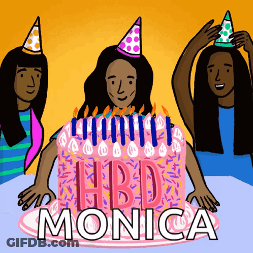 A Birthday Cake With The Name Monica On It And Three People Wearing Party Hats GIF