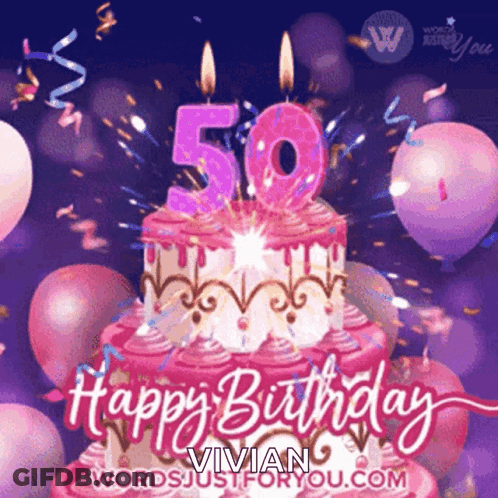 A Birthday Cake With The Number 50 On It And Balloons GIF