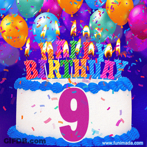 A Birthday Cake With The Number 9 And Candles On It GIF