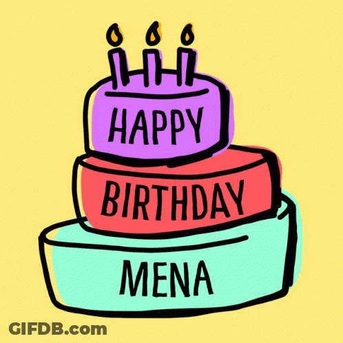 A Birthday Cake With Three Candles And The Words Happy Birthday Mena On It GIF