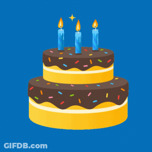 A Birthday Cake With Three Lit Candles And Sprinkles On It GIF