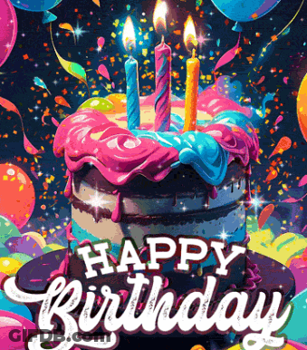 A Birthday Cake With Three Lit Candles And The Words Happy Birthday Below It GIF