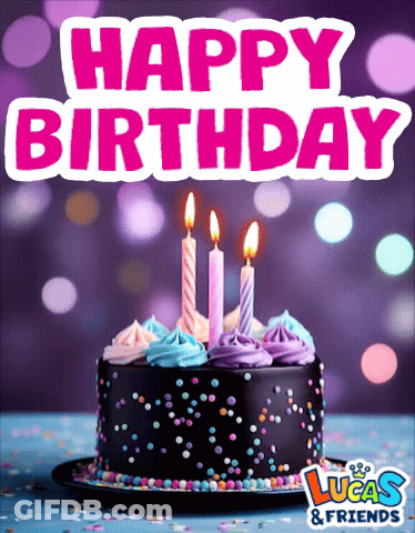 A Birthday Cake With Three Lit Candles And The Words Happy Birthday Lucas & Friends GIF