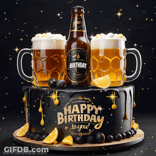 A Birthday Cake With Two Mugs Of Beer And A Bottle That Says Happy Birthday To You GIF