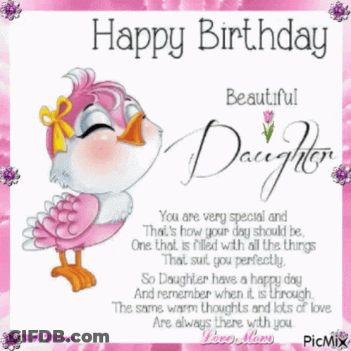 A Birthday Card For A Beautiful Daughter With A Pink Bird On It GIF