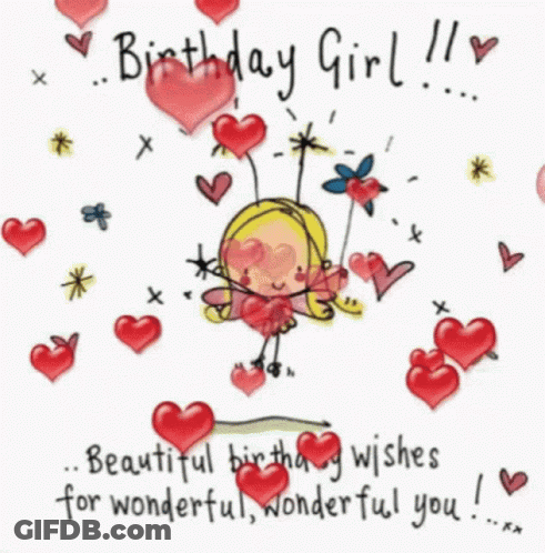 A Birthday Card For A Birthday Girl With A Fairy Surrounded By Hearts And Flowers . GIF