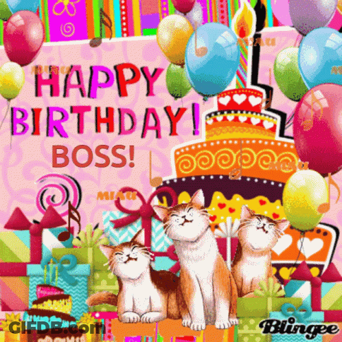 A Birthday Card For A Boss With Cats And Balloons GIF