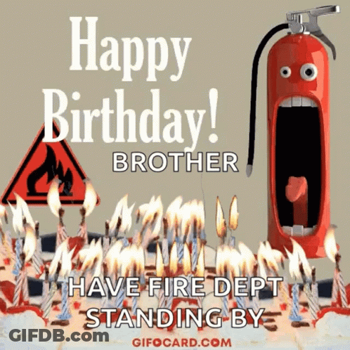 A Birthday Card For A Brother With A Fire Extinguisher In The Shape Of A Cake GIF