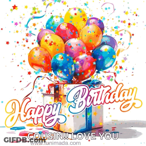 A Birthday Card For A Cousin With Balloons And A Gift GIF
