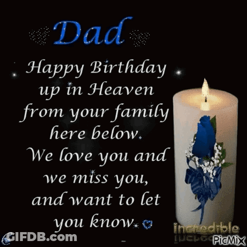 A Birthday Card For A Dad In Heaven With A Candle And Flowers GIF