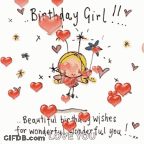 A Birthday Card For A Girl With A Fairy On A Swing Surrounded By Hearts GIF