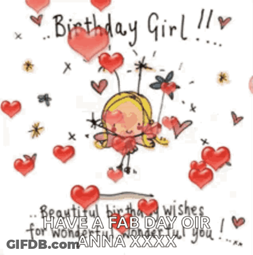 A Birthday Card For A Girl With A Fairy Surrounded By Hearts . GIF