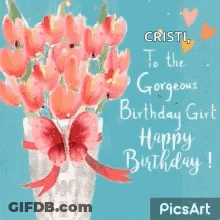 A Birthday Card For A Girl With A Vase Of Flowers GIF