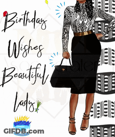 A Birthday Card For A Lady With A Black And White Dress GIF