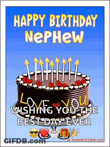 A Birthday Card For A Nephew With A Chocolate Cake And Candles GIF