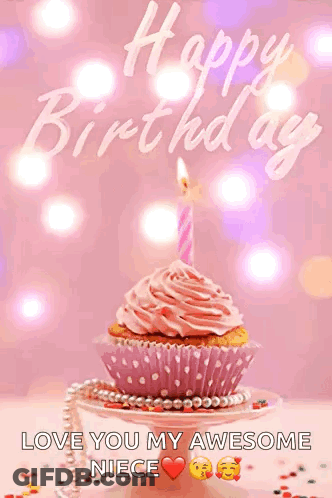Pink Cupcake With Lit Candle For Niece GIF