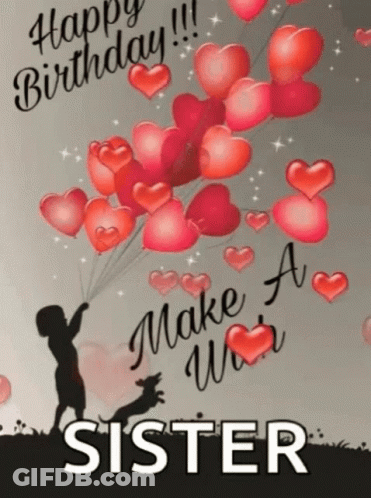 A Birthday Card For A Sister With A Boy Holding Balloons In The Shape Of Hearts GIF
