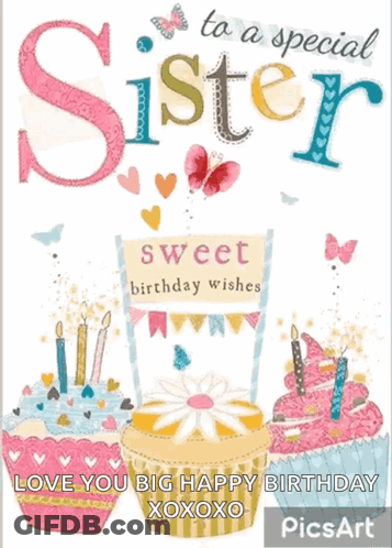 Birthday Card For Sister With Cupcakes And Candles GIF