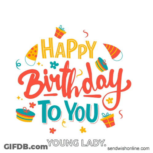 A Birthday Card For A Young Lady With Gifts And Confetti GIF