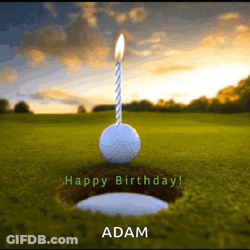 A Birthday Card For Adam With A Golf Ball With A Lit Candle GIF