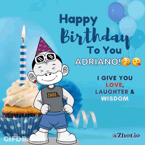 A Birthday Card For Adriano Shows A Monkey Wearing Sunglasses And A Party Hat GIF