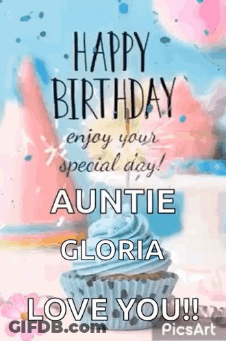 A Birthday Card For An Auntie With A Cupcake And Balloons . GIF