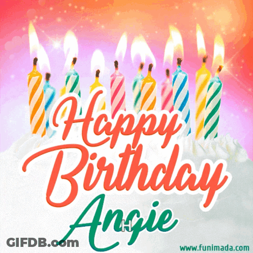 A Birthday Card For Angie With Candles On The Cake GIF
