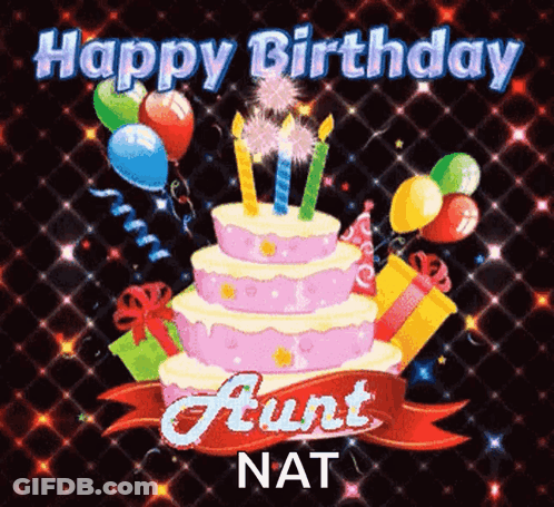A Birthday Card For Aunt Nat With A Cake , Balloons And Gifts GIF