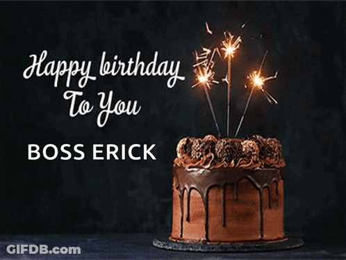 A Birthday Card For Boss Erick Shows A Chocolate Cake With Sparklers On Top GIF