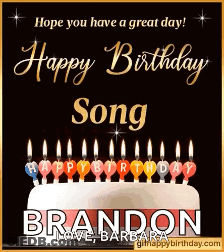 A Birthday Card For Brandon With Candles On A Cake . GIF