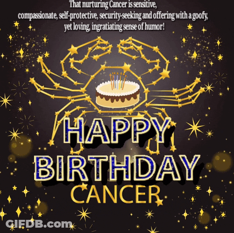 A Birthday Card For Cancer With A Crab And A Cake With Candles GIF