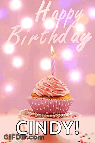 A Birthday Card For Cindy With A Pink Cupcake With A Candle GIF