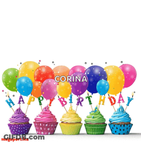 A Birthday Card For Corina With Cupcakes And Balloons In The Background GIF