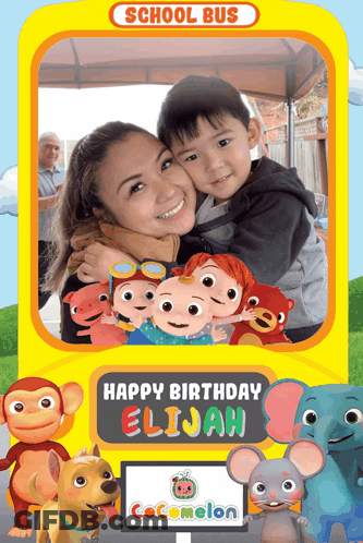 A Birthday Card For Elijah With A Picture Of A Woman And A Child GIF