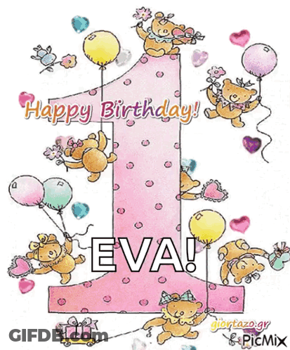 A Birthday Card For Eva With Balloons And Bears GIF