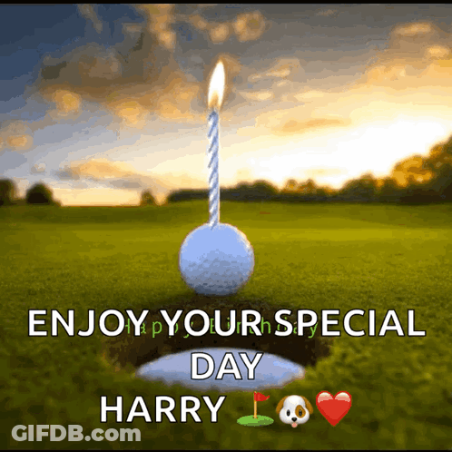 A Birthday Card For Harry With A Golf Ball With A Lit Candle GIF