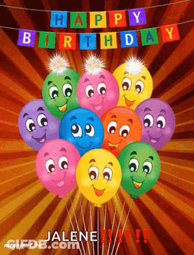 A Birthday Card For Jalene With A Bunch Of Colorful Balloons With Faces On Them GIF