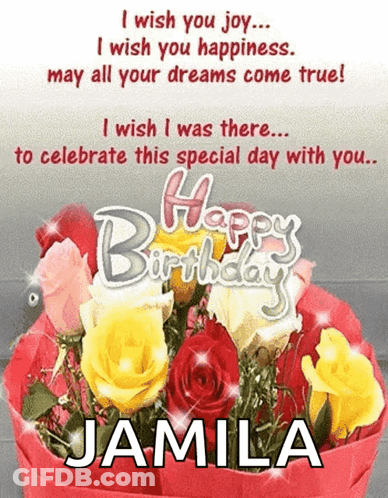 A Birthday Card For Jamila With A Bouquet Of Roses GIF