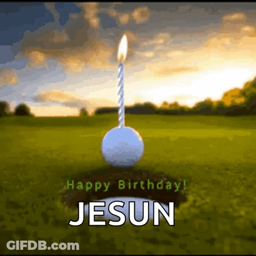 A Birthday Card For Jesun With A Golf Ball And A Lit Candle GIF