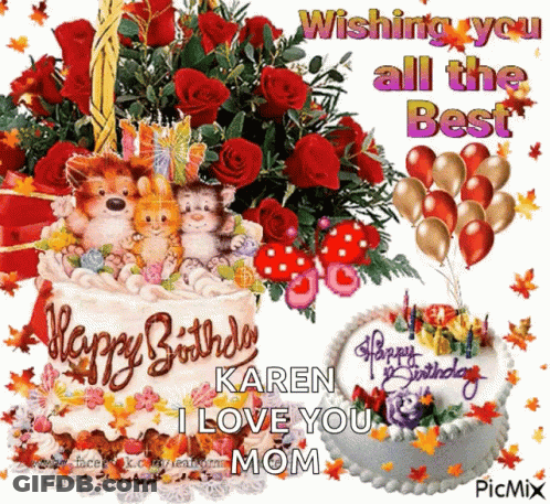 Birthday Card For Karen With Flowers And Balloons GIF