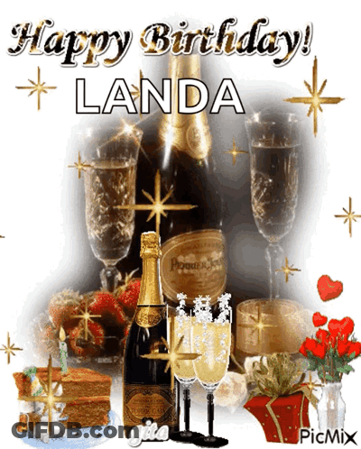 A Birthday Card For Landa With A Bottle Of Champagne And Two Glasses Of Champagne GIF