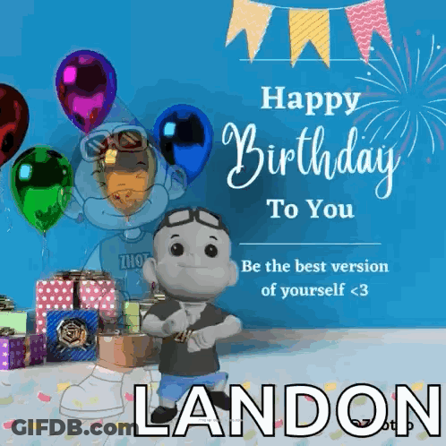 Landon Birthday Card With Cartoon Character GIF