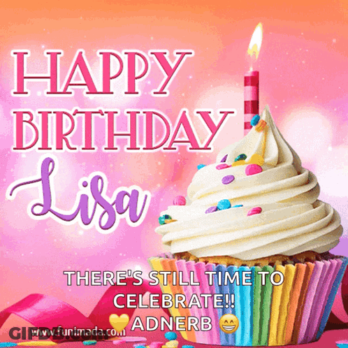 A Birthday Card For Lisa With A Cupcake And Candle GIF