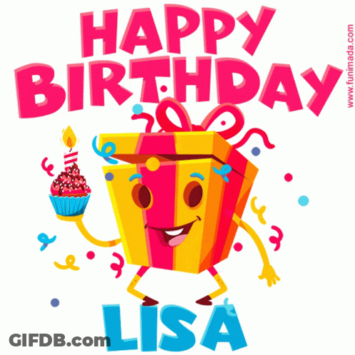 A Birthday Card For Lisa With A Gift Holding A Cupcake And A Candle GIF