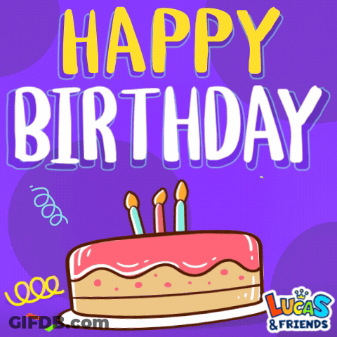 A Birthday Card For Lucas And Friends With A Pink Cake GIF