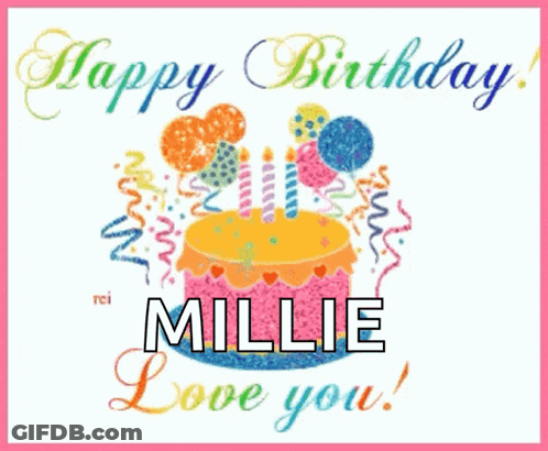 A Birthday Card For Millie With A Cake And Balloons On It GIF