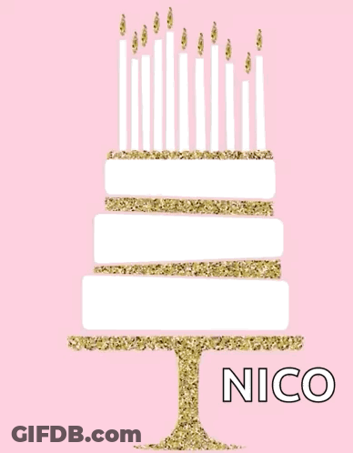 A Birthday Card For Nico With A Cake With Candles GIF
