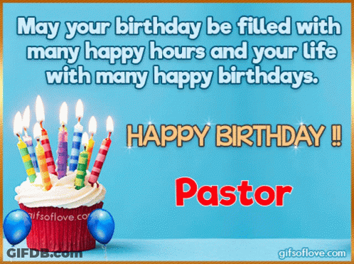 A Birthday Card For Pastor With A Cupcake And Candles On It GIF
