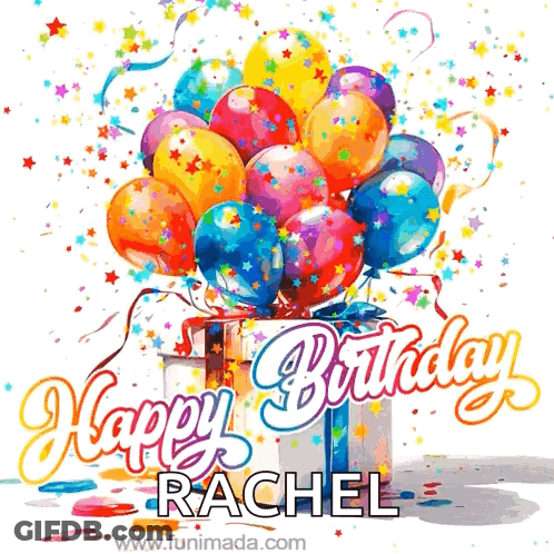 A Birthday Card For Rachel With Balloons And A Gift Box GIF