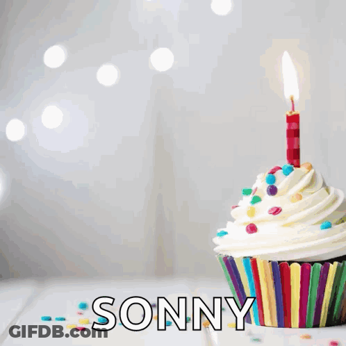 A Birthday Card For Sonny With A Cupcake With A Candle GIF